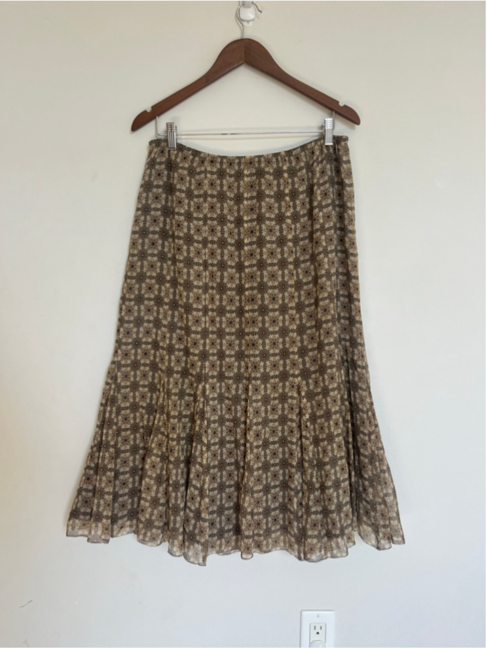 Vintage Talbots 100% Silk Midi Skirt Brown Beige Patterned Flowy A-line